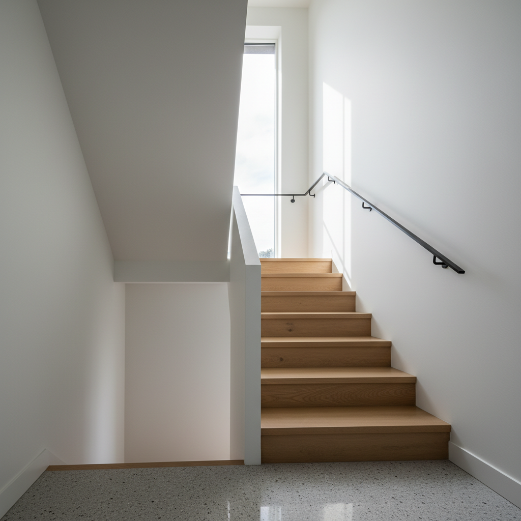A refined stairwell in a completed residential project by Abacus Architecture, featuring floating, light oak treads anchored into a smooth white plaster wall, with a slim black steel handrail that bends precisely at each landing. A tall, narrow window at the half-landing admits soft, vertical ribbons of natural daylight, casting delicate, graphic shadows across the steps and wall. The floor at the base is honed grey terrazzo with subtle aggregate sparkle. Shot from a low angle looking upward, the composition accentuates the stair’s geometry and the interplay of light and material. The mood is quiet and contemplative, with a focus on craftsmanship, proportion, and clean photographic realism that communicates understated sophistication.