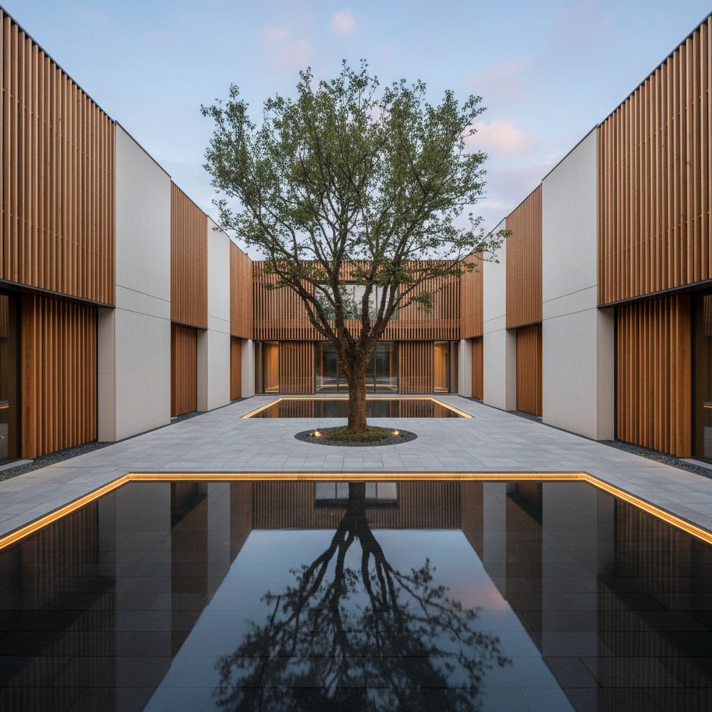 A thoughtfully crafted courtyard of a modern cultural building designed by Abacus Architecture, enclosed by finely detailed façades of vertical timber slats and smooth off-white concrete panels. A reflecting pool with a dark stone base mirrors the surrounding architecture, while a single mature tree rises from a circular opening in the water, its trunk encircled by a narrow stone path. Discreet linear LED lighting traces the edges of the pool and pathways, glowing warmly at dusk and creating elegant reflections. Captured from an elevated vantage point with a wide field of view, the image balances architectural precision and tranquil landscape design, in crisp photographic realism with a serene, contemplative atmosphere that highlights thoughtful spatial composition and materiality.