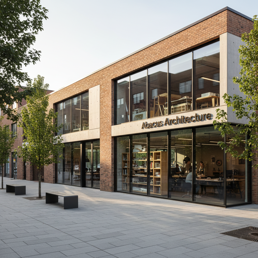 A meticulously detailed exterior of a contemporary architecture studio named Abacus Architecture, housed in a low, rectilinear building clad in warm-toned brick and finely brushed concrete. Full-height glass panels reveal glimpses of carefully crafted interior spaces and shelving filled with architectural models. The studio stands on a quiet urban street lined with young trees and simple benches. Soft late-afternoon natural light washes the façade, creating crisp shadows that emphasize the building’s clean lines and careful proportions. Photographed from a slightly elevated, three-quarter angle with sharp focus throughout, the composition uses the rule of thirds and a calm, photographic realism to convey professionalism, precision, and thoughtful design.