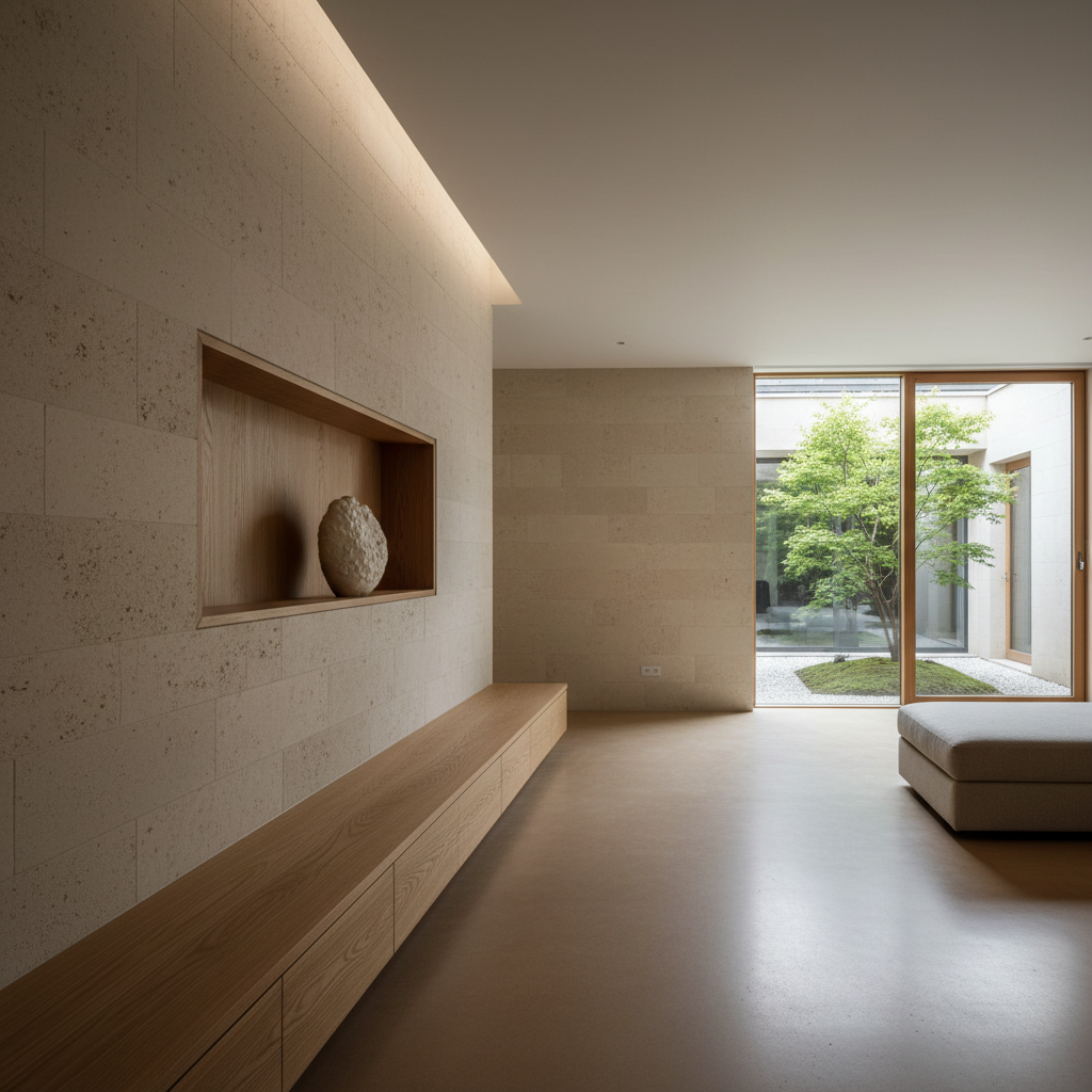 A serene, minimalist living room interior designed by Abacus Architecture, featuring a long, low oak bench integrated into a pale limestone wall, with a finely detailed joinery niche showcasing a single sculptural ceramic vessel. The floor is smooth, matte-finished concrete with a subtle warm tint, leading toward a large window framing a quiet courtyard garden. Soft, diffused daylight enters from the window and a hidden cove light in the ceiling, casting gentle, layered shadows that highlight material transitions. Captured at eye level with a wide-angle lens, the composition emphasizes spatial clarity, craftsmanship, and the relationship between built form and nature, rendered in crisp photographic realism with an inviting, contemplative mood.