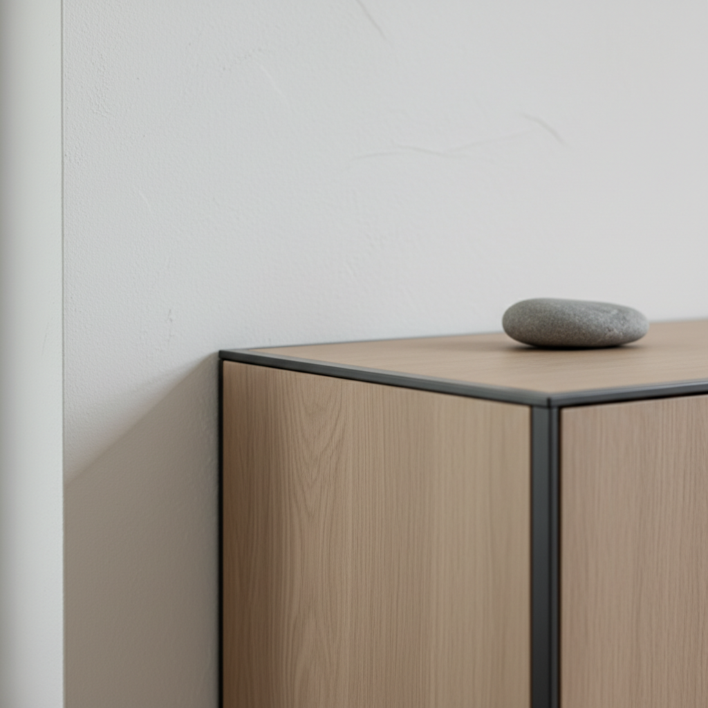 A close-up, detail-focused image of a corner junction in a bespoke built-in cabinet by Abacus Architecture, where pale oak veneer panels meet a thin, powder-coated graphite metal frame with flawless mitred joints. The cabinet is set against a soft white wall with a subtly textured limewash finish, and the top surface holds a single, smooth stone as a quiet accent. Gentle, directional natural light from an unseen window grazes the surfaces, revealing the grain of the wood and the precision of the joinery, while casting a faint shadow along the metal edge. Photographed in tight framing with shallow depth of field, the composition focuses on craft, material honesty, and professional, minimalist photographic realism.