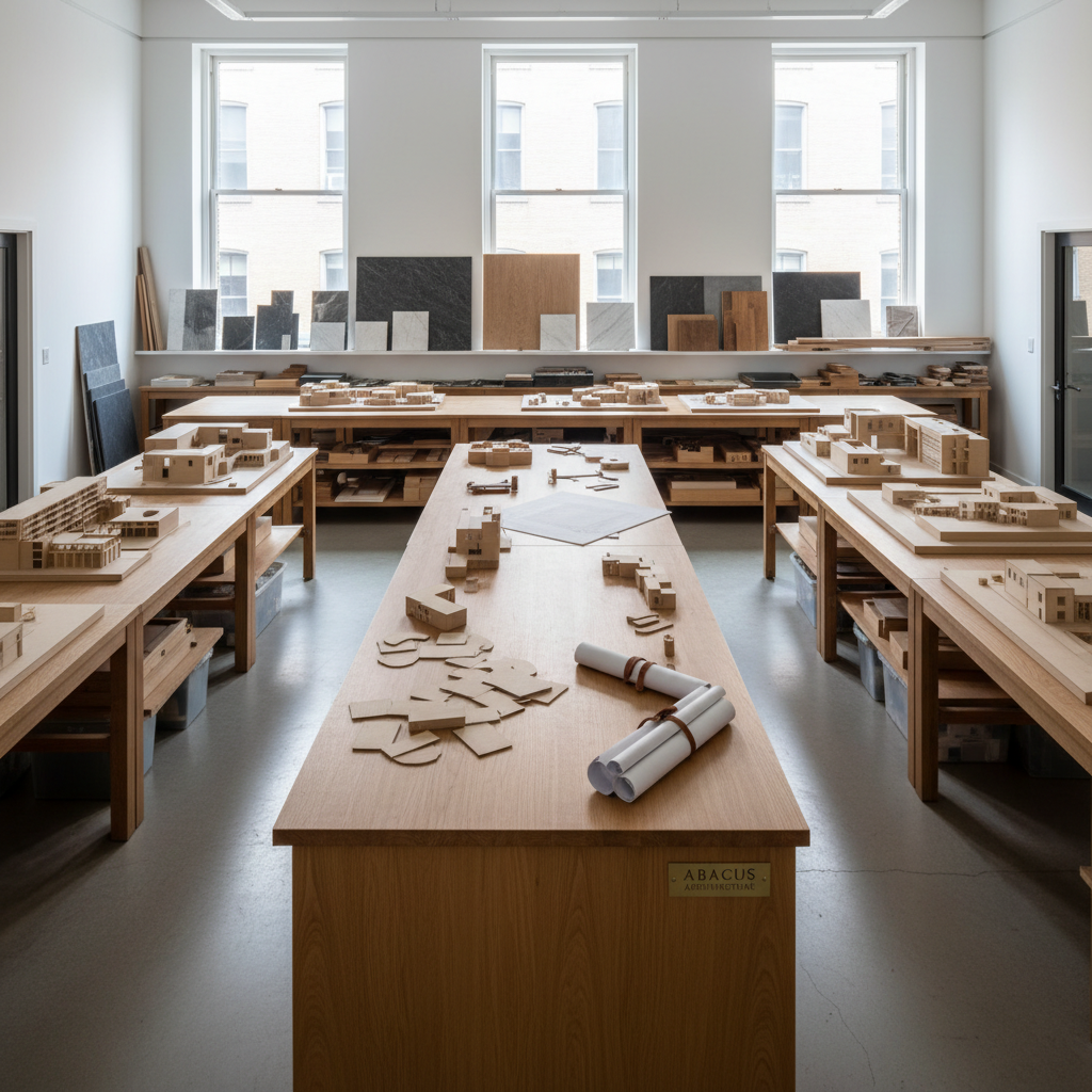 A precisely composed image of an open-plan architecture studio workspace, with long, slender oak worktables, neatly arranged scale models in birch plywood, and shelves of sample materials like stone, metal, and timber. Large north-facing windows line one wall, flooding the space with even, cool natural light that reduces harsh shadows and reveals every surface detail. A central island showcases in-progress model fragments and carefully rolled drawings, underscoring the craft of making. Photographed from a slightly elevated angle with sharp focus and a balanced, asymmetrical composition, the image feels calm, ordered, and highly professional, highlighting the thoughtful, well-crafted nature of Abacus Architecture’s design process in clean, modern photographic realism.