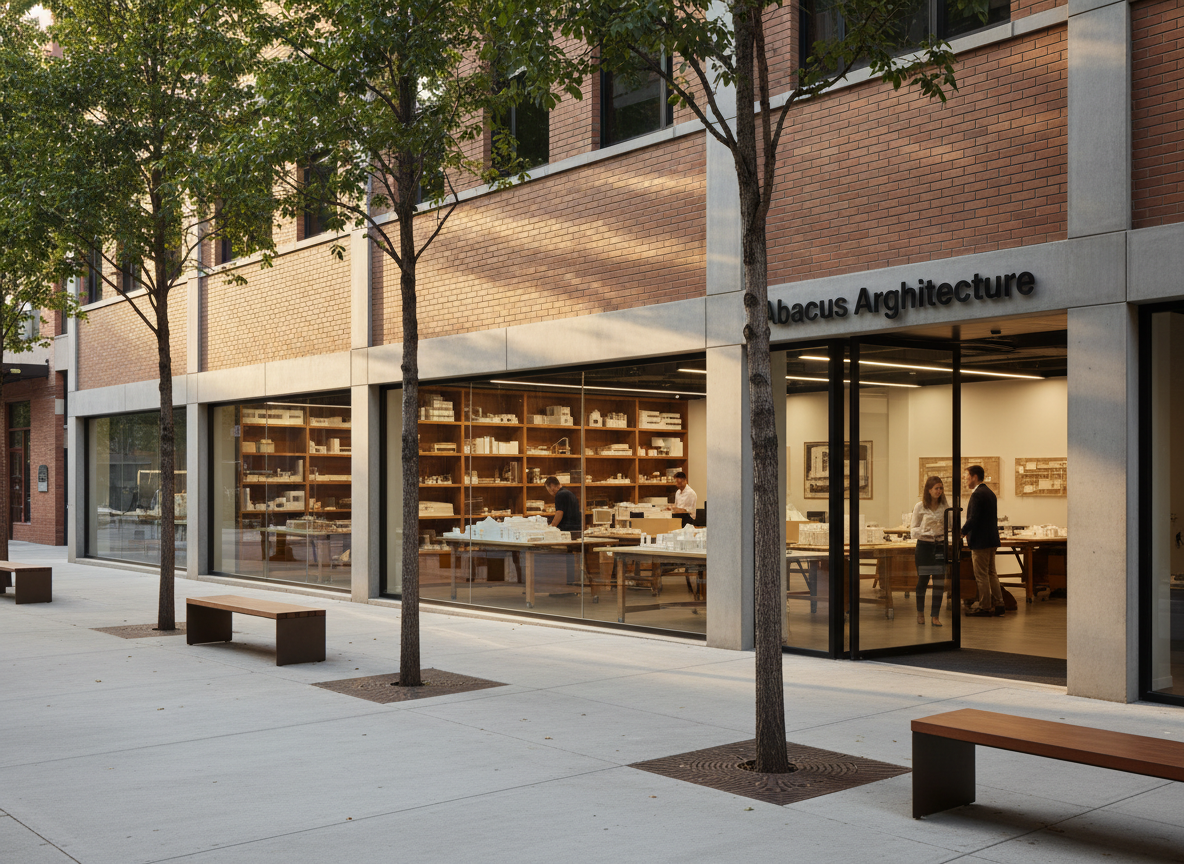 A meticulously detailed exterior of a contemporary architecture studio named Abacus Architecture, housed in a low, rectilinear building clad in warm-toned brick and finely brushed concrete. Full-height glass panels reveal glimpses of carefully crafted interior spaces and shelving filled with architectural models. The studio stands on a quiet urban street lined with young trees and simple benches. Soft late-afternoon natural light washes the façade, creating crisp shadows that emphasize the building’s clean lines and careful proportions. Photographed from a slightly elevated, three-quarter angle with sharp focus throughout, the composition uses the rule of thirds and a calm, photographic realism to convey professionalism, precision, and thoughtful design.